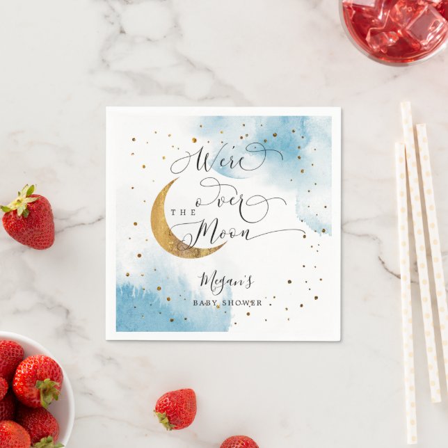 Dreamy Blue Gold Over The Moon Baby Shower  Napkin (Insitu)