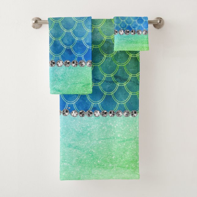 Dreamy Blue Green Mermaid Diamond Bling Bath Towel Set (Insitu)