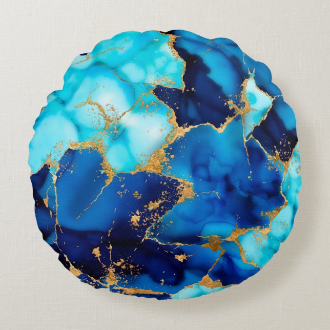 Dreamy Blue inks and Gold Round Cushion (Front)