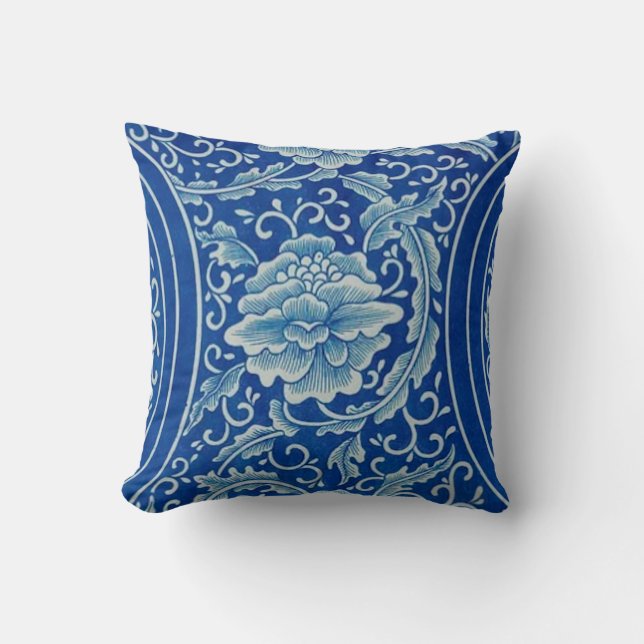 Dreamy Blue Lotus Vintage Chinoiserie Cushion (Front)