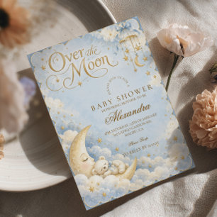 Dreamy Blue Over The Moon Baby Shower Invitation