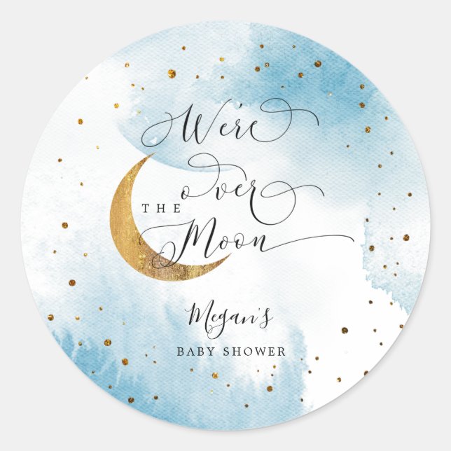 Dreamy Blue Over The Moon Boy Baby Shower  Classic Round Sticker (Front)