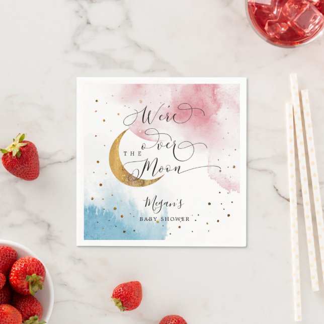 Dreamy Blue Pink Gold Over The Moon Baby Shower Napkin (Insitu)