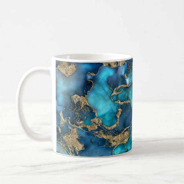 Dreamy Blue Teal and Gold Coffee Mug (Left)