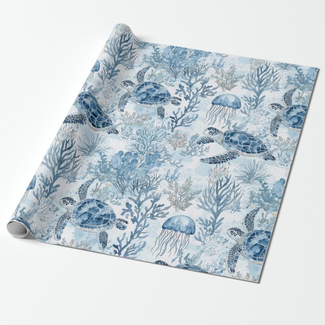 Dreamy Blue Under the Sea Baby Shower Wrapping Paper (Unrolled)