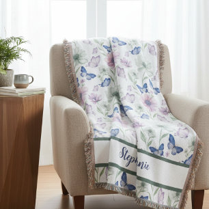 Dreamy Blue Watercolor Butterfly Meadow Nursery Throw Blanket
