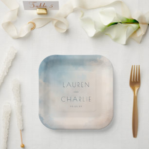 Dreamy Blue Watercolor Names Paper Plate