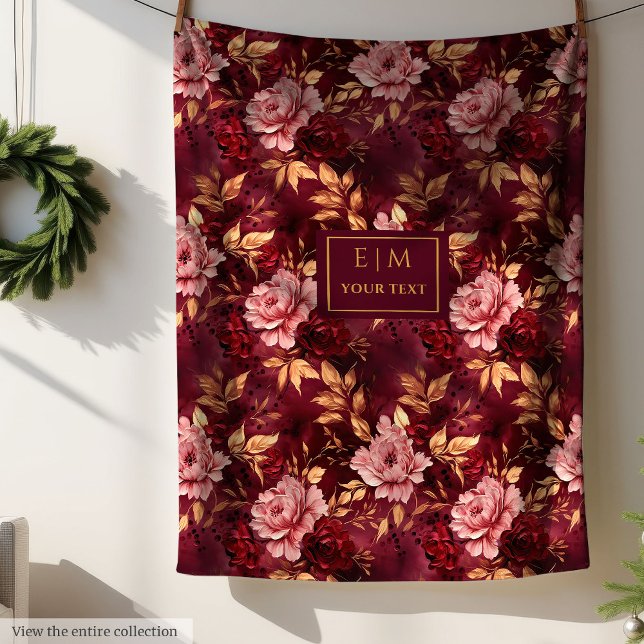 Dreamy Blush Burgundy Gold Personalised Floral  Fleece Blanket (Dreamy Blush Burgundy Gold Personalized Floral Fleece Blanket )