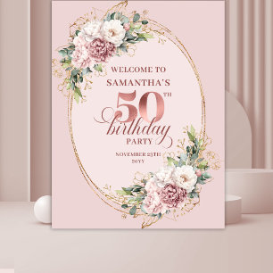 Dreamy Blush Floral 50th Birthday Photo Backdrop Tapestry
