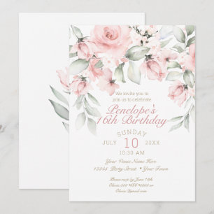 Dreamy Blush Pink Roses Sweet Sixteen Birthday Invitation