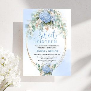 Dreamy Boho Blue Hydrangea Gold Sweet Sixteen Invitation