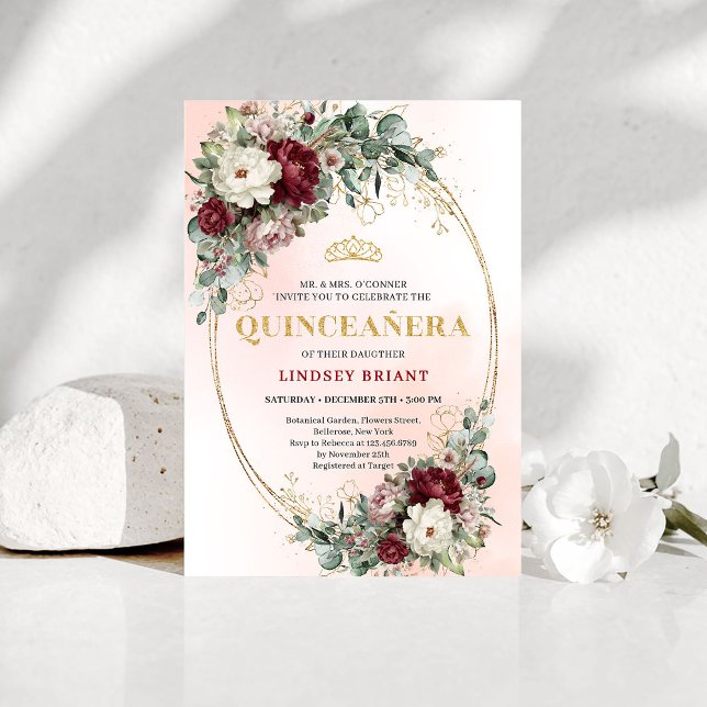 Dreamy Boho Burgundy Floral Eucalyptus Gold Quince Invitation (Dreamy Boho Burgundy Floral Eucalyptus Quince Invite)
