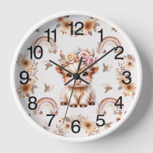 Dreamy Boho Highland Cow Nursery Clock