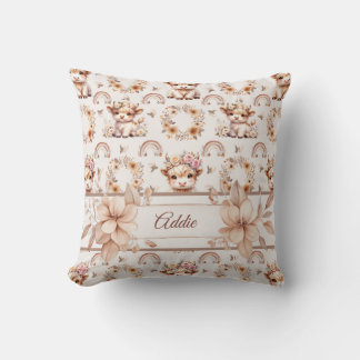 Dreamy Boho Highland Cow Nursery Throw Pillow