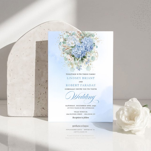 Dreamy Boho Powder Blue Hydrangea Gold Wedding  Invitation (Dreamy Boho Powder Blue Hydrangea Gold Wedding Invite)