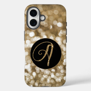 Dreamy Bokeh Gold Glitter Letter A Monogram Black iPhone 16 Case