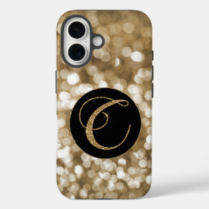 Dreamy Bokeh Gold Glitter Letter C Monogram Black iPhone 16 Case