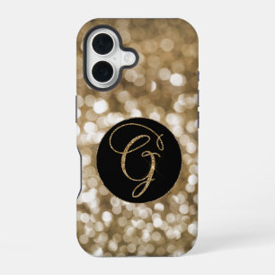 Dreamy Bokeh Gold Glitter Letter G Monogram Black iPhone 16 Case