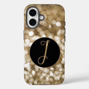 Dreamy Bokeh Gold Glitter Letter I Monogram Black iPhone 16 Case