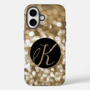 Dreamy Bokeh Gold Glitter Letter K Monogram Black iPhone 16 Case