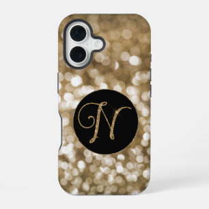 Dreamy Bokeh Gold Glitter Letter N Monogram Black iPhone 16 Case
