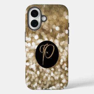 Dreamy Bokeh Gold Glitter Letter P Monogram Black iPhone 16 Case
