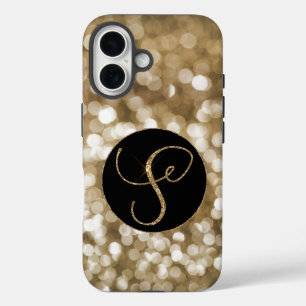 Dreamy Bokeh Gold Glitter Letter S Monogram Black iPhone 16 Case