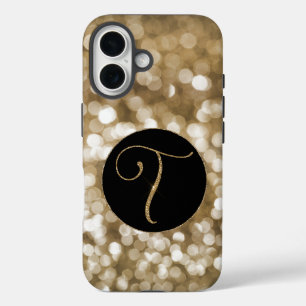 Dreamy Bokeh Gold Glitter Letter T Monogram Black iPhone 16 Case
