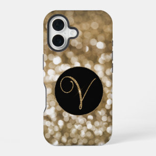 Dreamy Bokeh Gold Glitter Letter V Monogram Black iPhone 16 Case