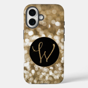 Dreamy Bokeh Gold Glitter Letter W Monogram Black iPhone 16 Case
