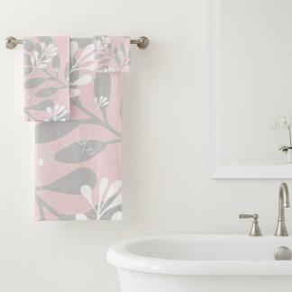 Dreamy Botanical: Pink Canvas with Grey Leaves Bath Towel Set