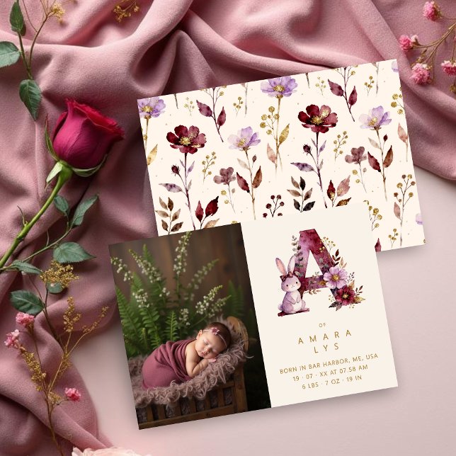 Dreamy Bunny A Initial Gold Glitter Newborn Announcement (Dreamy Funny Bunny Romantic Floral A Initial in Burgundy & Gold Glitter Effect for Newborn Photo.)