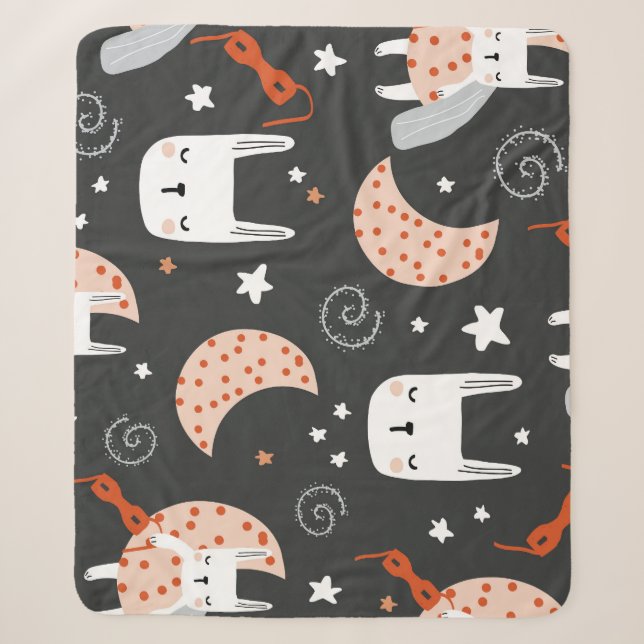 Dreamy Bunny Nights: Starlit Patterns Sherpa Blanket (Front)
