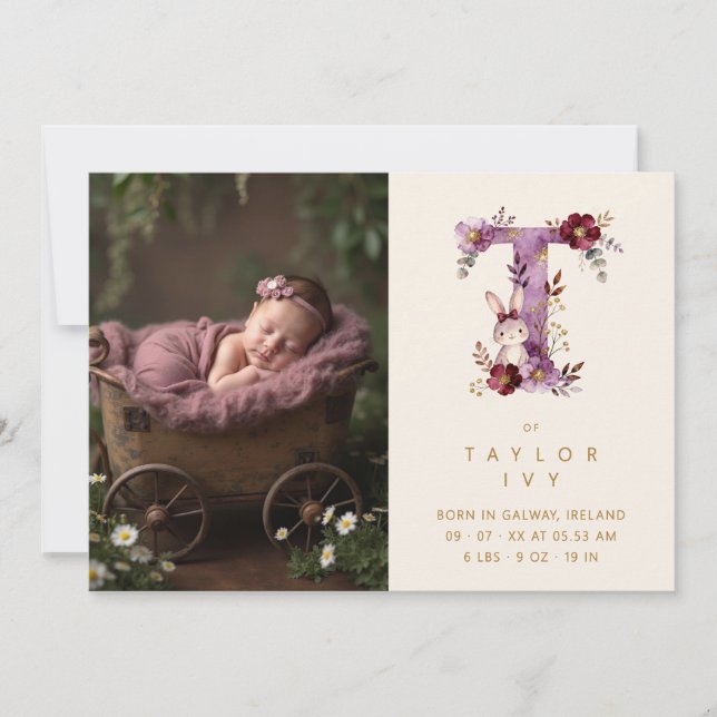 Dreamy Bunny T Initial Gold Glitter Newborn Announcement (Front)