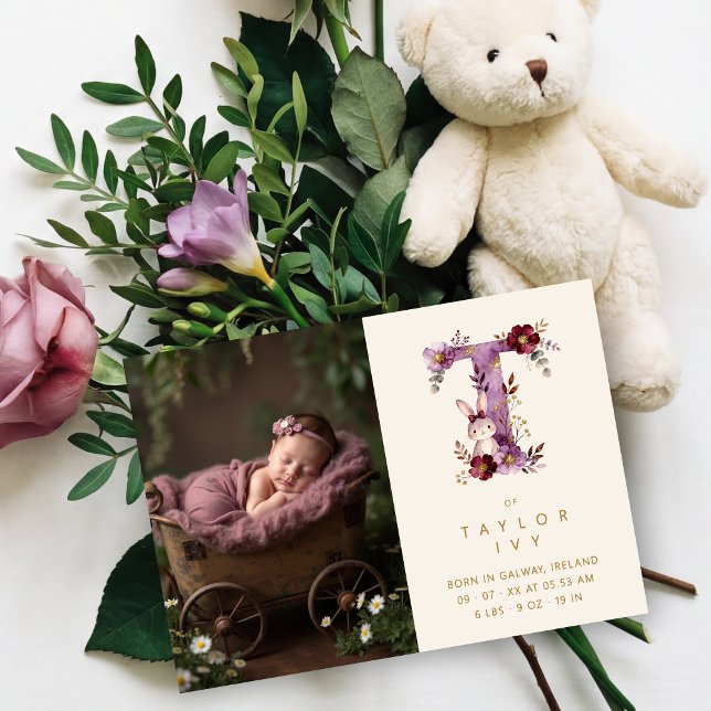 Dreamy Bunny T Initial Gold Glitter Newborn Announcement (Dreamy Funny Bunny Romantic Floral T Initial in Burgundy & Gold Glitter Effect for Newborn Photo.)