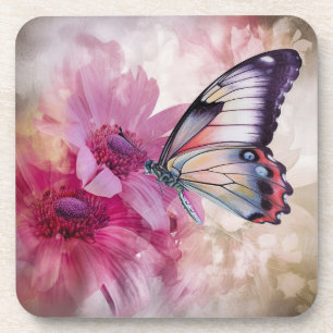 Dreamy Butterfly with Pink Flowers Coaster