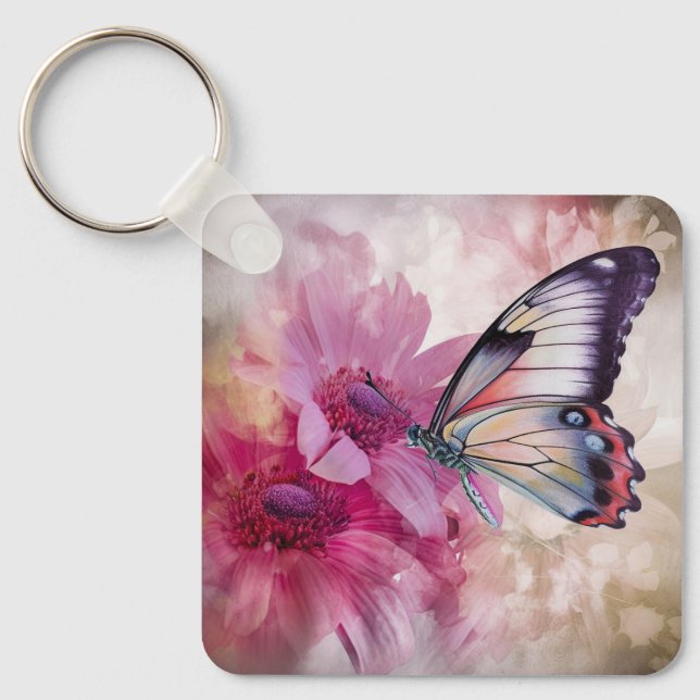 Dreamy Butterfly with Pink Flowers  Key Ring (Front)