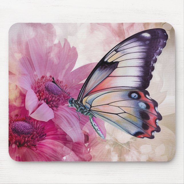Dreamy Butterfly with Pink Flowers  Mouse Mat (Front)