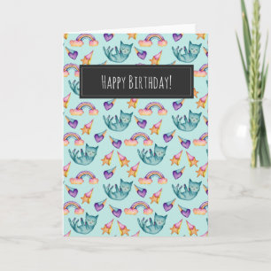 Dreamy Cat Floating in the Sky   Happy Birthday Card