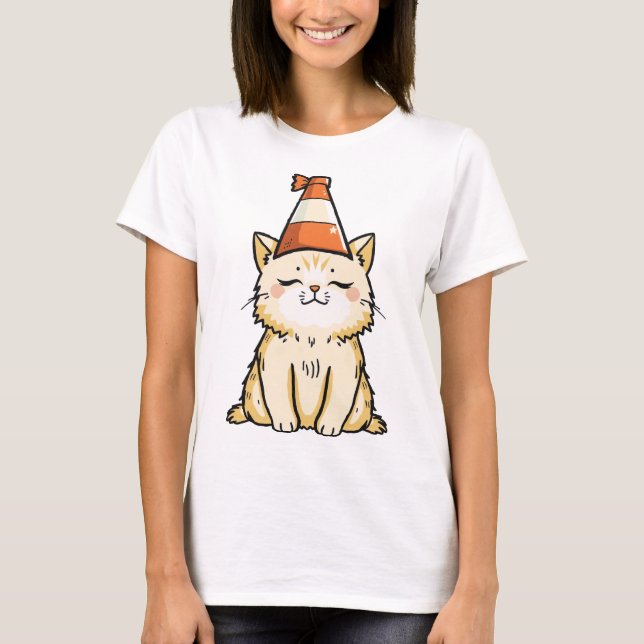 Dreamy Cat with Traffic Cone Hat T-Shirt (Front)