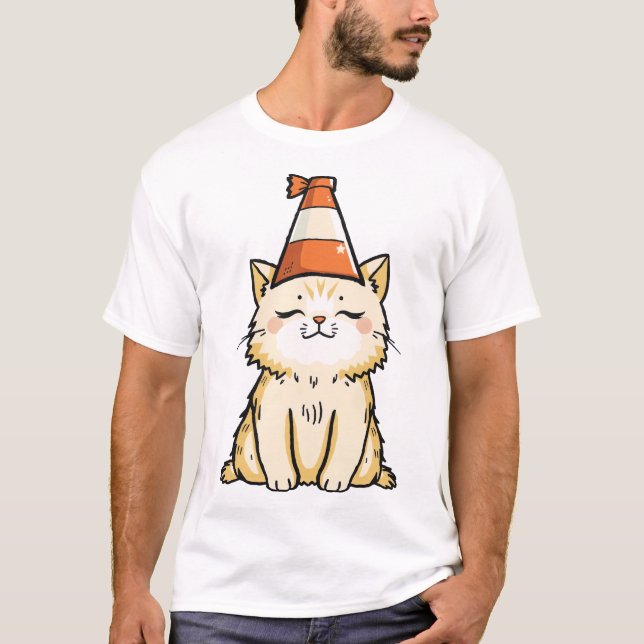 Dreamy Cat with Traffic Cone Hat T-Shirt (Front)