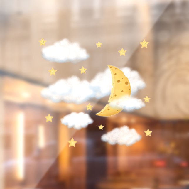 Dreamy Cheese Moon & Stars in fluffy Clouds Kids Window Cling (Sheet 2)