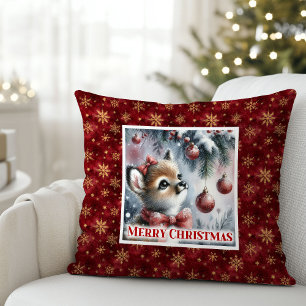 Dreamy Christmas scene baby fawn cozy winter kids  Cushion