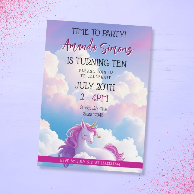 Dreamy Cloud Magical Unicorn Girl 10th Birthday Invitation (Creator Uploaded)