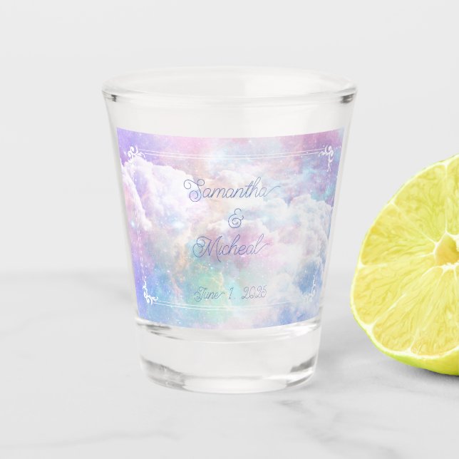 Dreamy Clouds and Stars Wedding Shot Glass (Front)