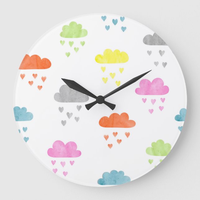 Dreamy Clouds: Watercolor Heart Rain Large Clock (Front)