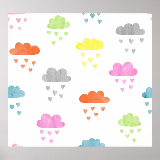 Dreamy Clouds: Watercolor Heart Rain Poster (Front)