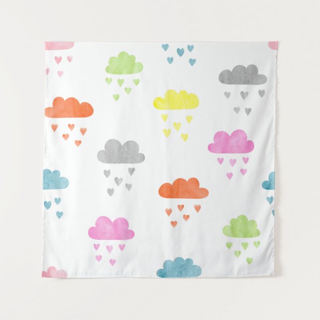 Dreamy Clouds: Watercolor Heart Rain Tapestry (Front)