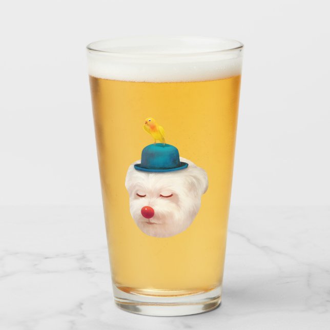 Dreamy Clown Dog: Smiling Bichon with Blue Hat Glass (Front Filled)