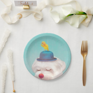 Dreamy Clown Dog: Smiling Bichon with Blue Hat Paper Plate